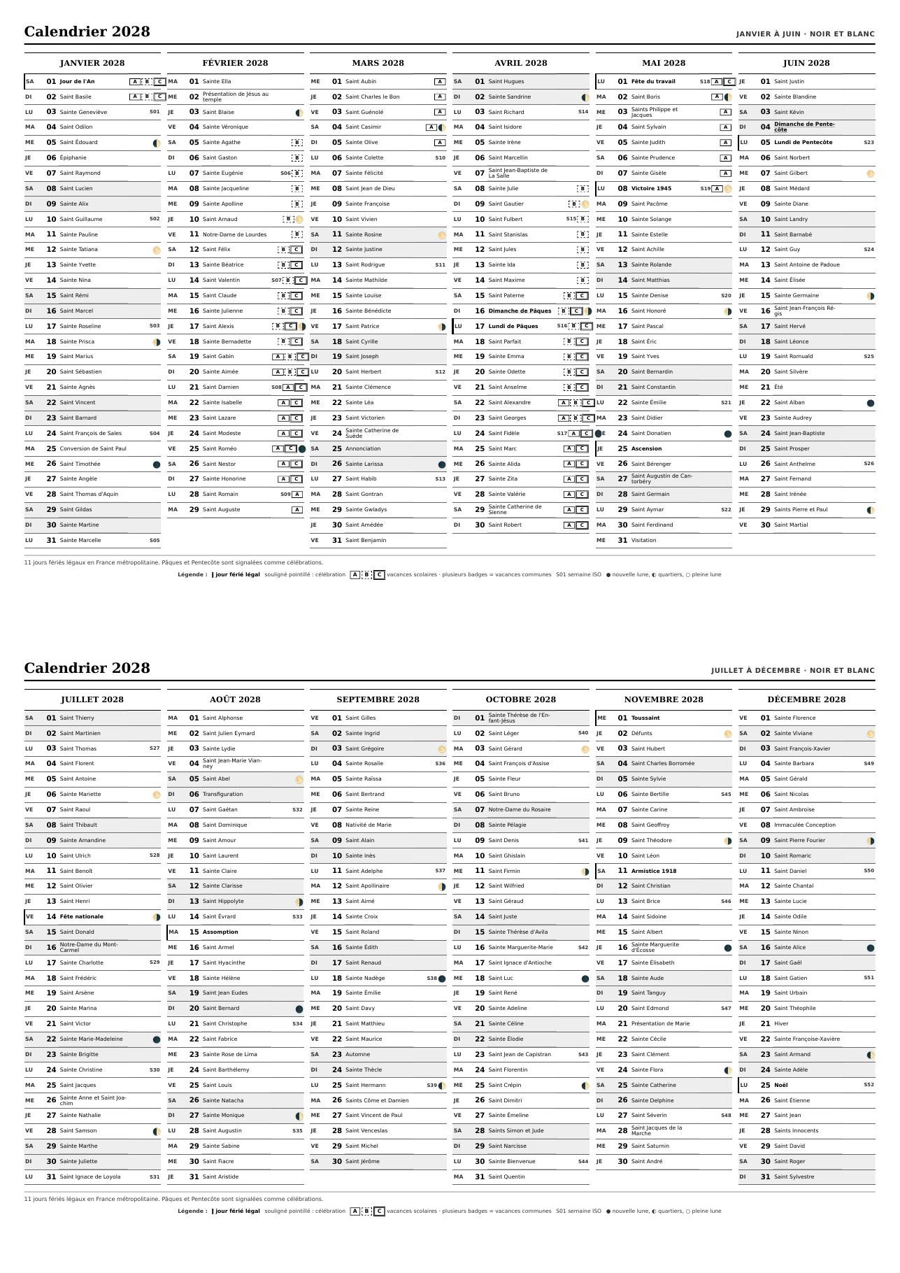 Aperçu complet du calendrier 2028 en noir et blanc
