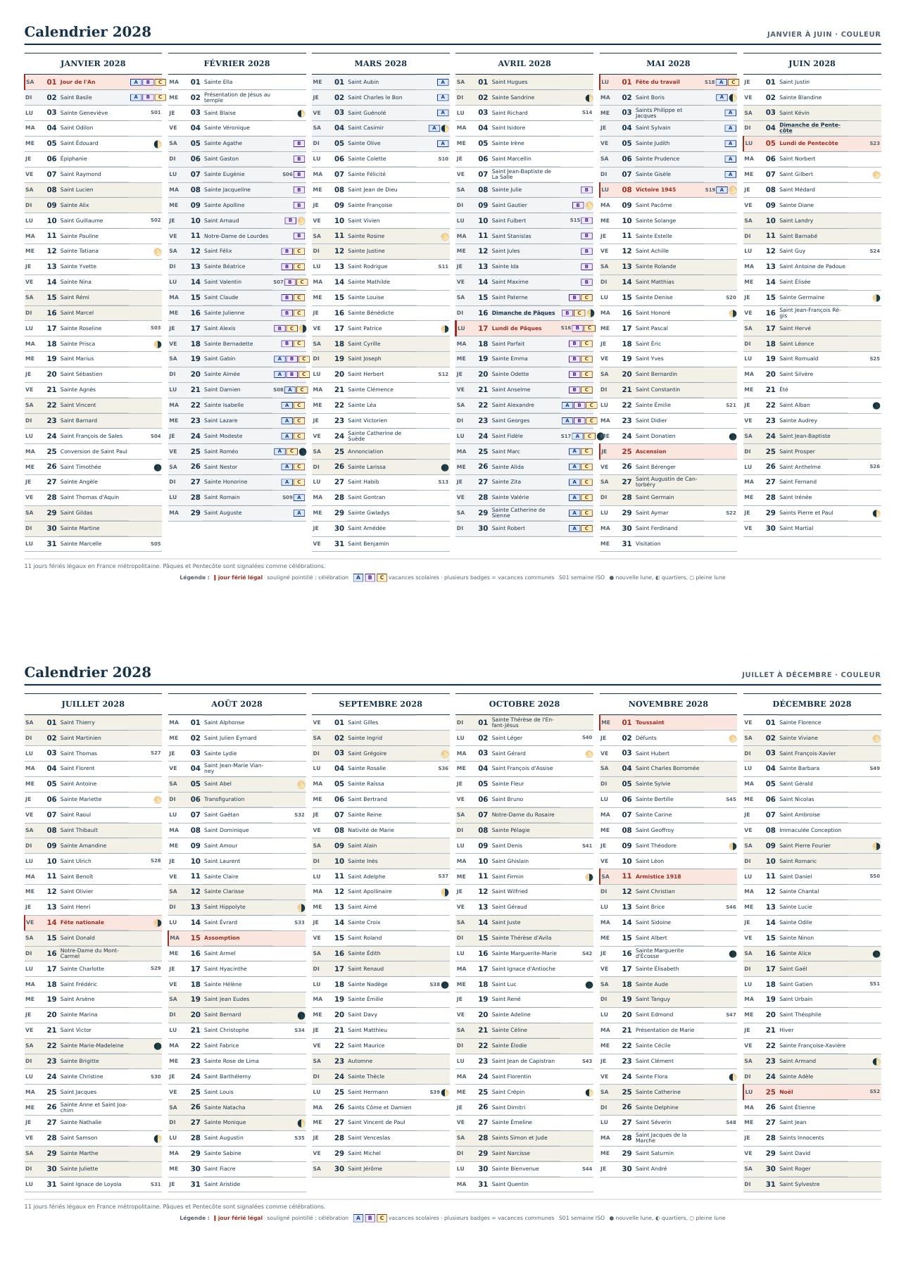 Aperçu des deux pages du calendrier annuel 2028 en couleur